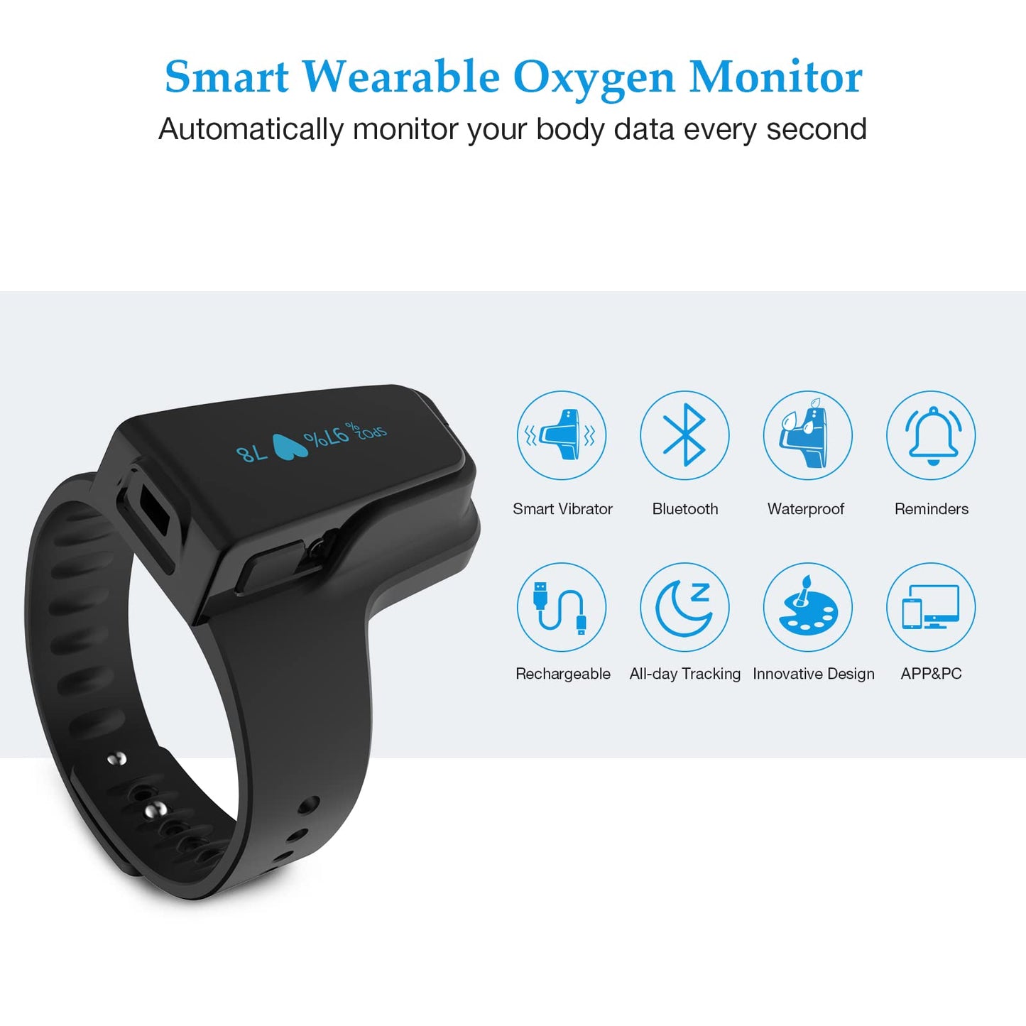 O2 Pulse Oximeter with Smart Reminder | Blood Oxygen Saturation Monitor for SpO2 and Heart Rate Tracking Continuously, Bluetooth Finger Ring with
