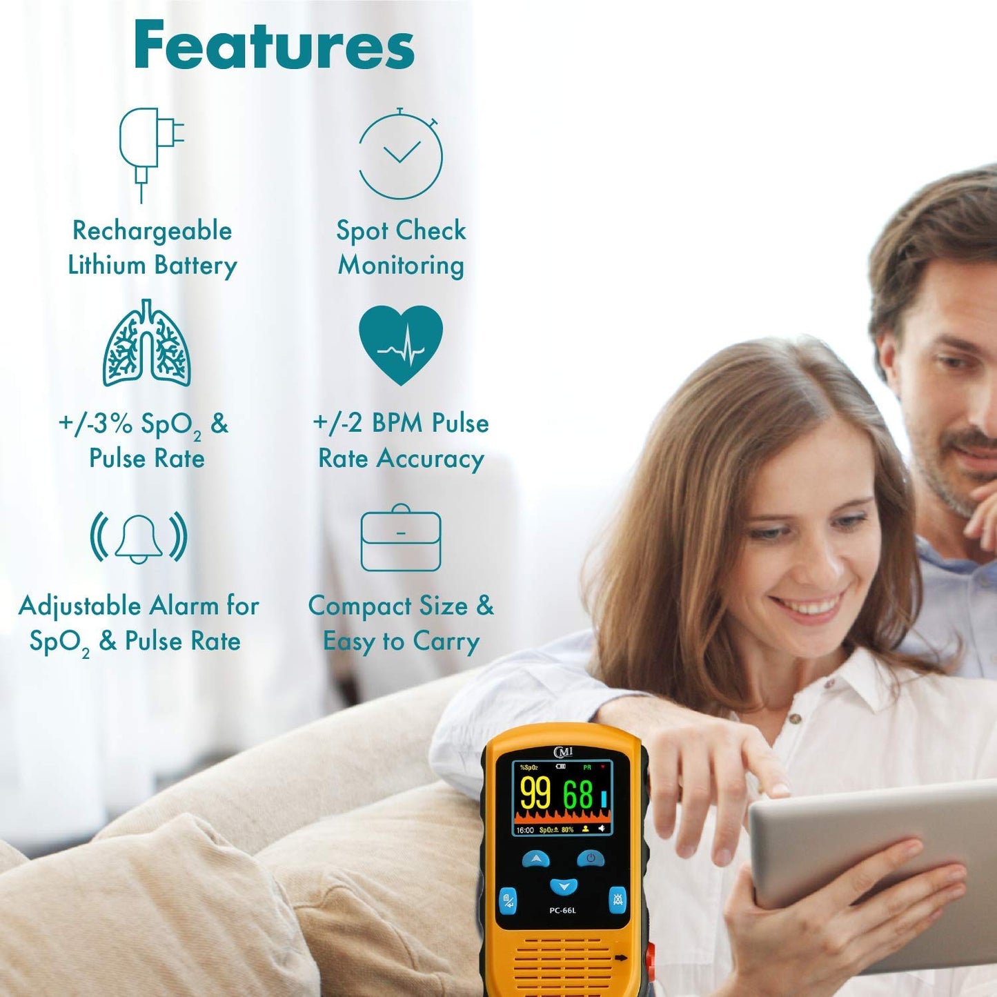 Rechargeable Pulse Oximeter - Adult Finger Spot-Checking - Adjustable Alarm for Pulse Rate and SpO2 Levels - Carry Case, AC Adapter Included