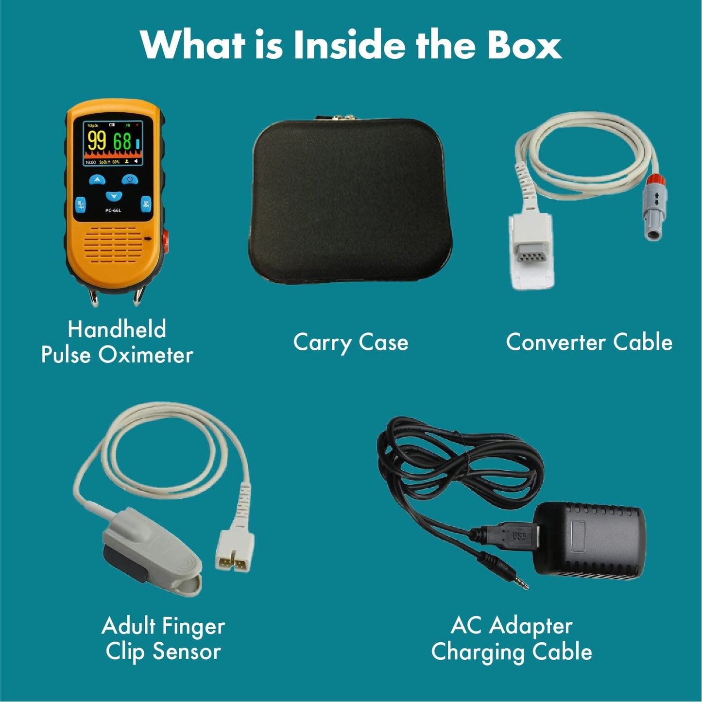 Rechargeable Pulse Oximeter - Adult Finger Spot-Checking - Adjustable Alarm for Pulse Rate and SpO2 Levels - Carry Case, AC Adapter Included
