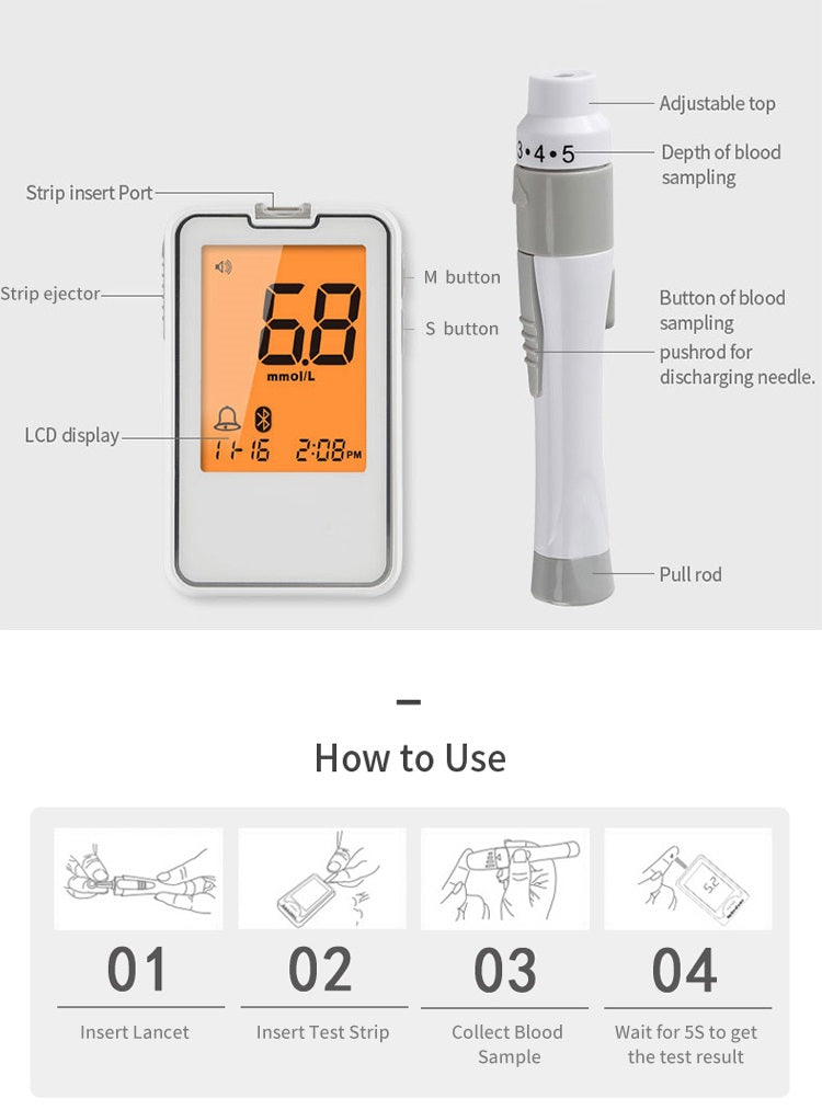 Smart blood glucose monitor kit blood glucose analyzer monitoring test strips bluetooth sensor