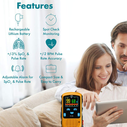 Rechargeable Pulse Oximeter - Adult Finger Spot-Checking - Adjustable Alarm for Pulse Rate and SpO2 Levels - Carry Case, AC Adapter Included